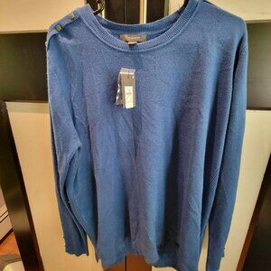 blue sweater with buttons on shoulder
